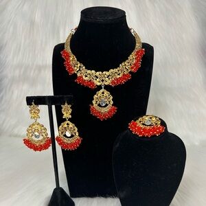 Beautiful Gold With Red Pearls Necklace With Earrings and Tikka.